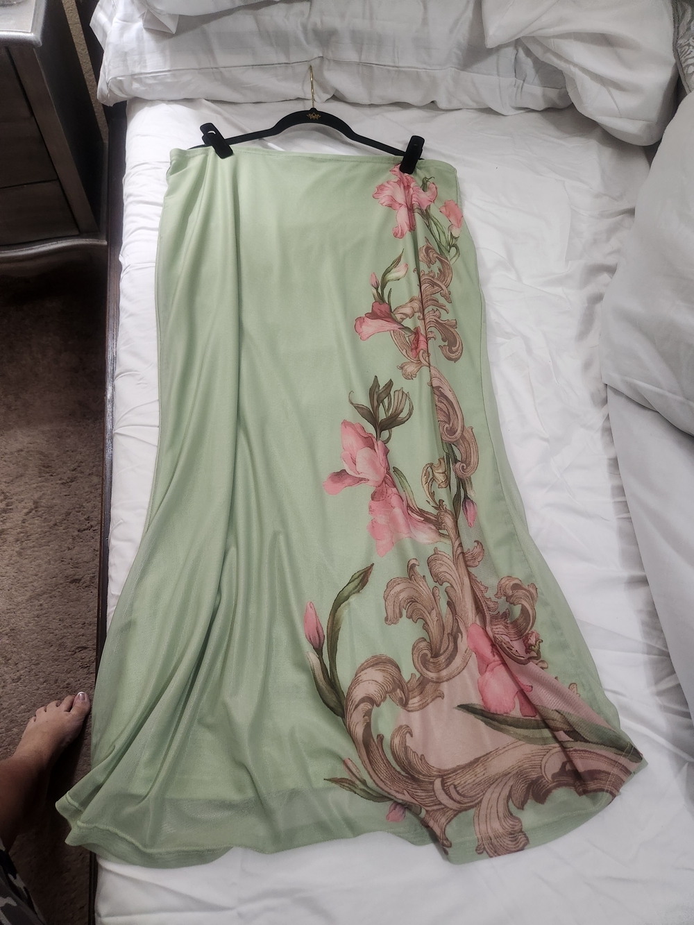 Cider Mint Green Maxi Skirt with Pink Floral Scroll Accent